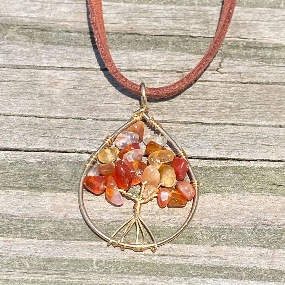 Natural Carnelian Tree of life necklace on leather cord gold tone